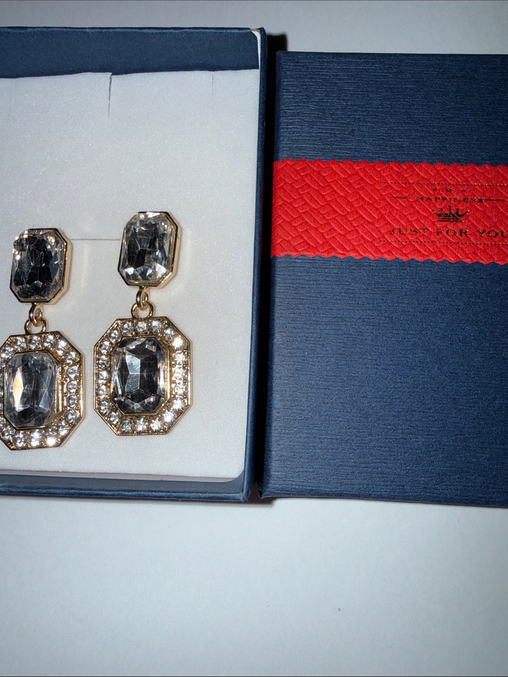 Gold Crystal Drop Earrings with Clear Stones